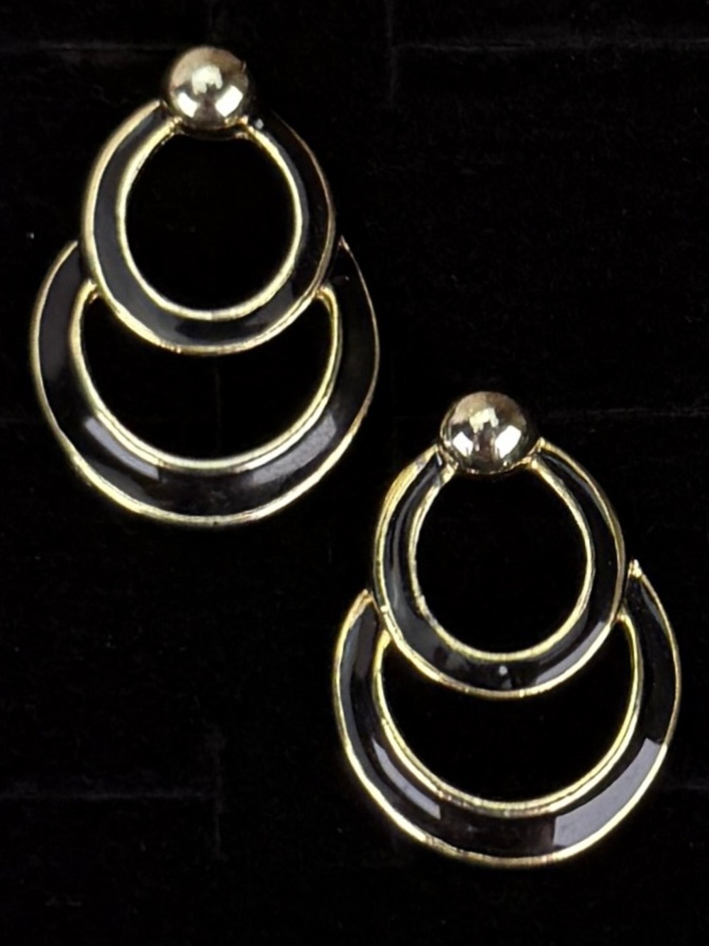 Vintage , goldtone and black enamel pierced earrings